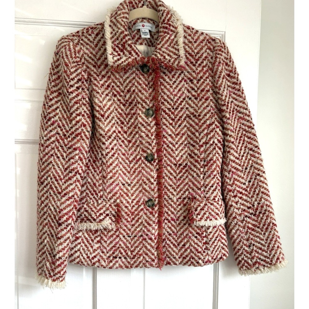 VTG Real Clothes Red Herringbone Wool Blend Fringed Blazer USA Made Womens 6